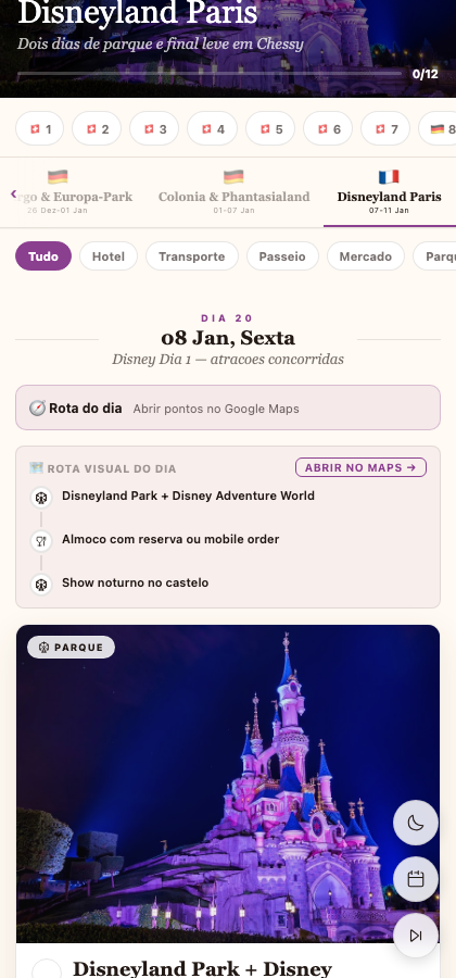 Tela do produto comemorando com confete quando o dia da viagem é concluído