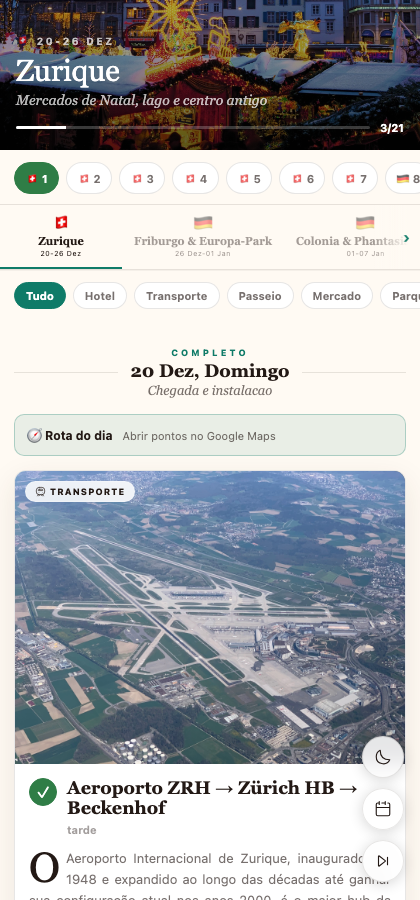 Roteiro de viagem gerado pelo produto, mostrando o destino, mapa e checklist de visita